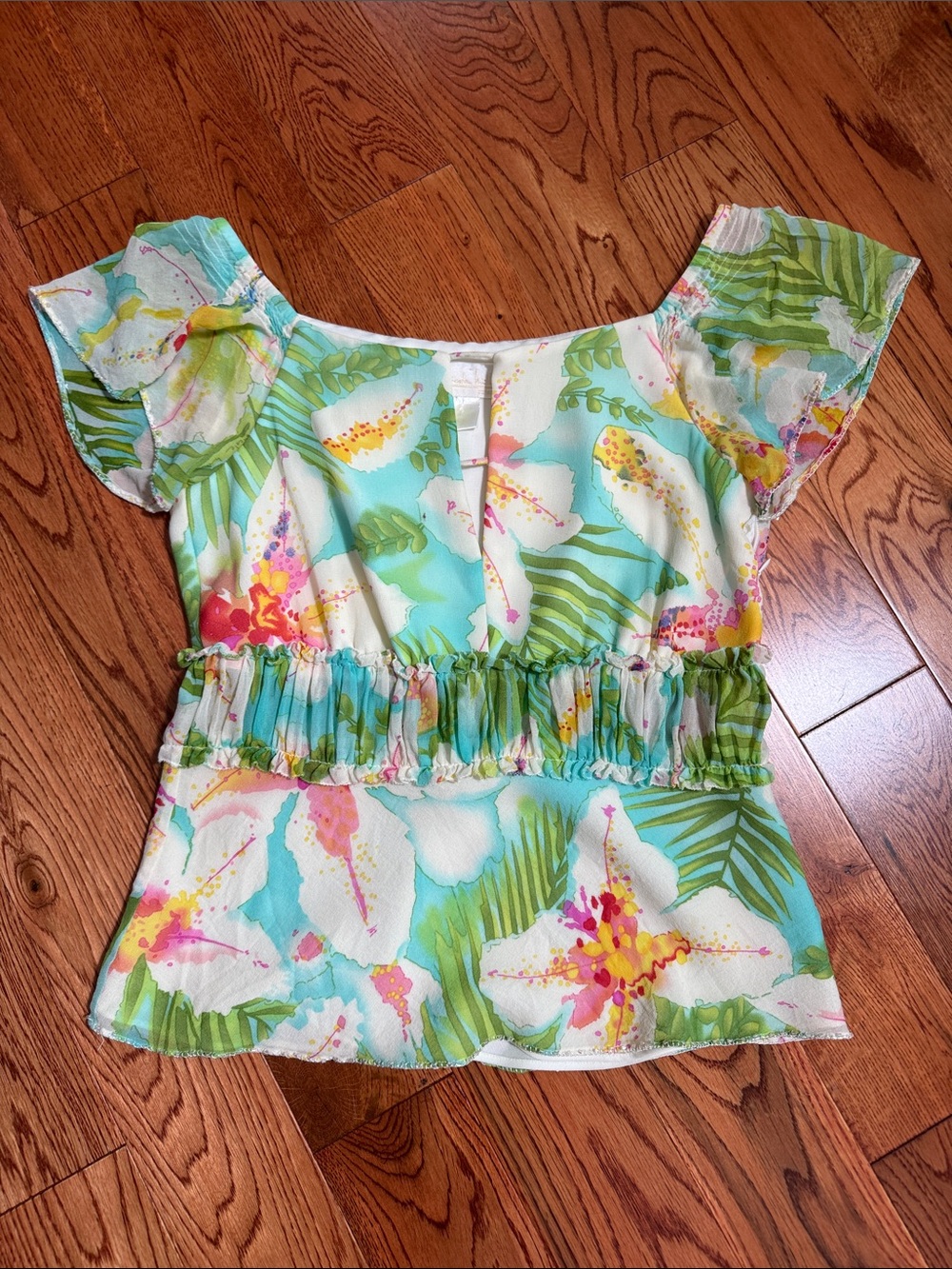 Nicole Miller Aqua Floral Ruffle-Waist Flutter Top